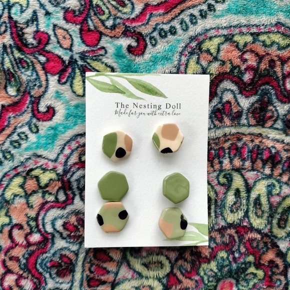 Roolee Jewelry - NWT Handmade Clay Green Stud Earrings Set of 3